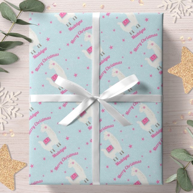 llama Christmas Blue Snow Stars Personalized Wrapping Paper (Creator Uploaded)