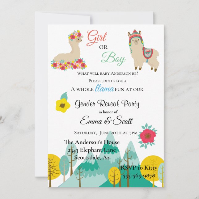 Llama Colourful Gender Reveal Party Invitation (Front)