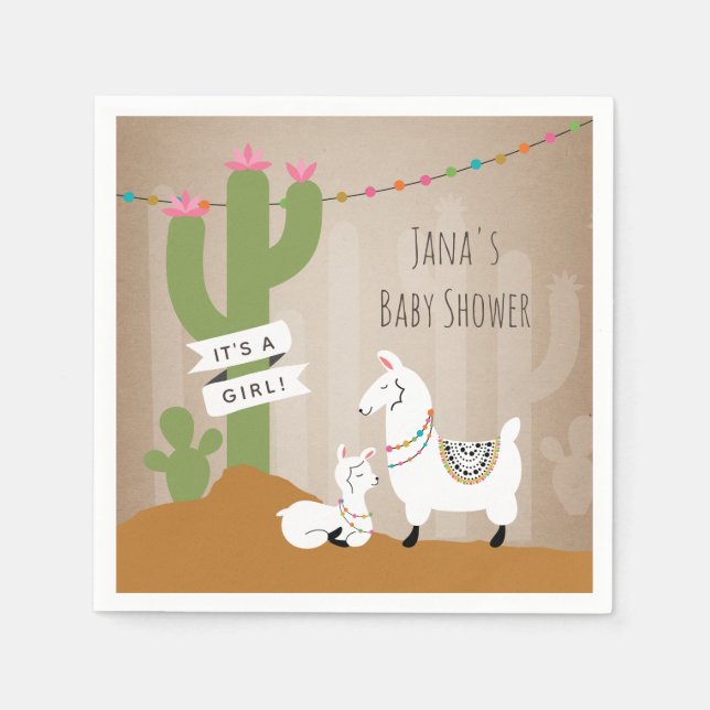 Llama Desert Cactus Girl Baby Shower Napkin (Front)