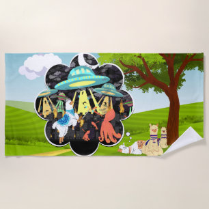 Llama Dreams Llama vs Evil Squid Epic Space Battle Beach Towel