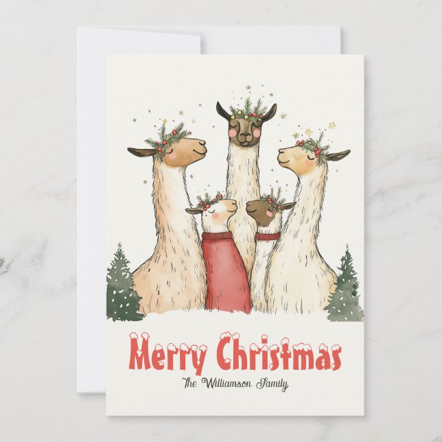 Llama Famille 5 Noël Carte de vacances (Devant)