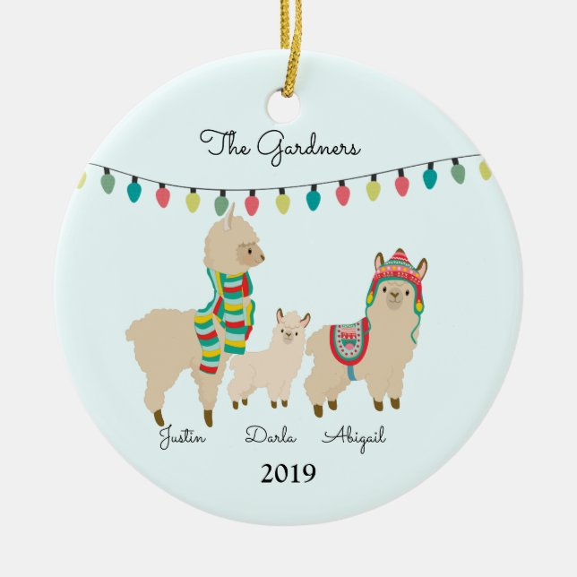 LLama Family of  Three Christmas Ceramic Ornament (Front)