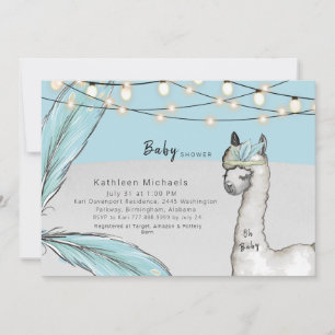 Llama Feather Turquoise Oh Baby Boy Shower Invitation