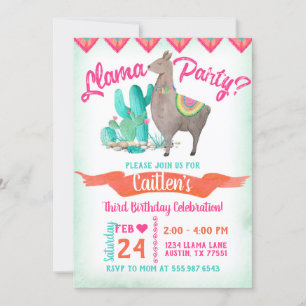 Llama fête Anniversaire Invitation Pink Orange Aqu