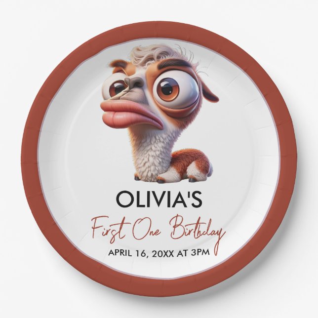 Llama Fiesta Funny Caricature 1st Birthday Paper Plate (Front)