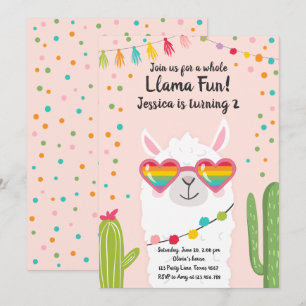 Llama Fiesta Heart Sunglasses Birthday Invitation