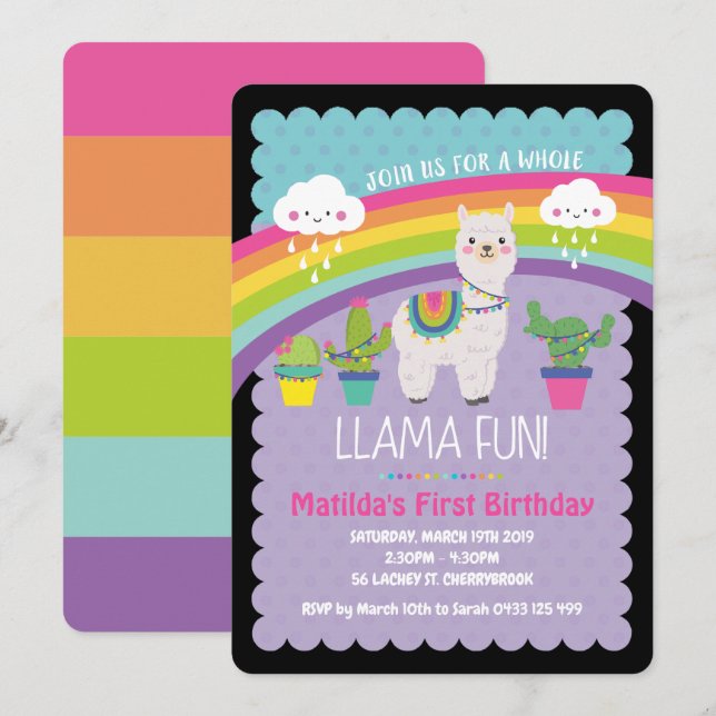 Llama Fun 1er anniversaire fêtes Invitations (Devant / Derrière)
