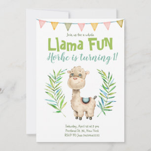 Llama Fun Alpaca Watercolor Birthday Invitation