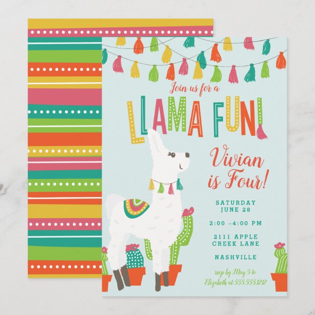 Llama Fun Anniversaire Invitation Alpaca Blue (Devant / Derrière)