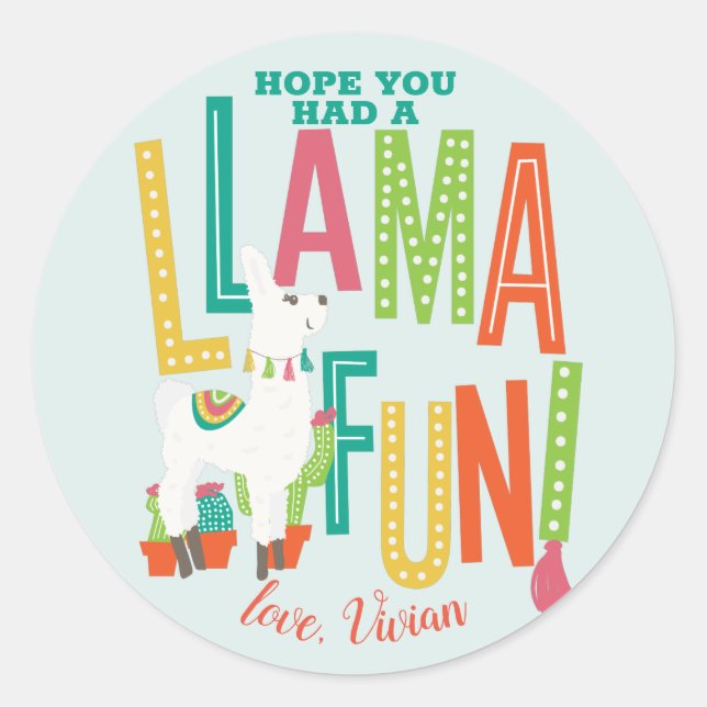 Llama Fun Birthday Party Thank You Favour Classic Round Sticker (Front)