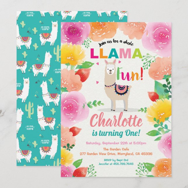 Llama fun first 1st birthday invitation. Foloral Invitation (Front/Back)