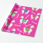 Llama Girls Birthday Custom Name and Colour Wrapping Paper<br><div class="desc">Cute little llama with girls name and customizable background colour</div>
