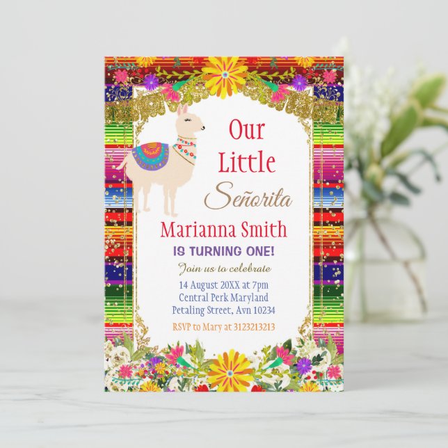 Llama Gold Colourful Mexican Fiesta Birthday   Invitation (Standing Front)