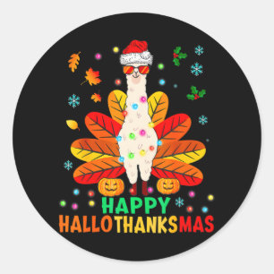 Llama Happy Hallothanksmas Turkey Pumpkin Classic Round Sticker