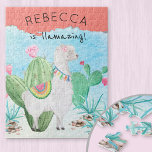 Llama Illustration - Llamazing Kids Personalized Jigsaw Puzzle<br><div class="desc">Personalized kids puzzle with adorable llama illustration. The template is set up for you to add the child's name, so the text reads "[name] is llamazing!". The puzzle has a watercolor illustration of an adorable fluffy white llama standing in a cactus garden. She is wearing a pink flower in her...</div>