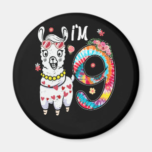 Llama I'm 9 year old 9th Birthday Tie Dye Farm Magnet