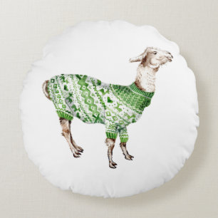 Llama in Green Sweater Round Pillow