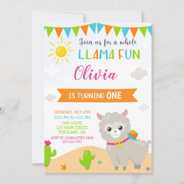 Llama invitation anniversaire Alpaca invitation fê (Devant)