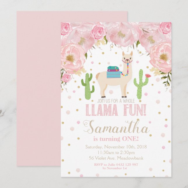 Llama Invitation anniversaire Blush Floral Girl (Devant / Derrière)