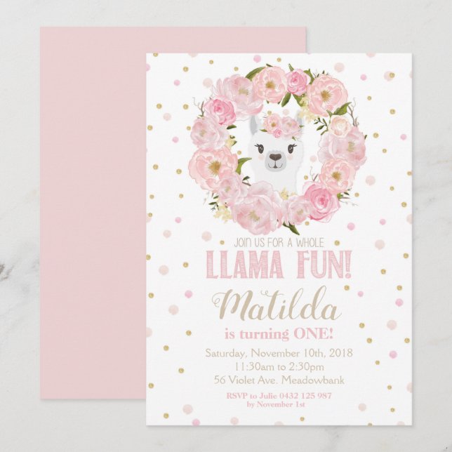 Llama Invitation anniversaire Blush Floral Girl (Devant / Derrière)