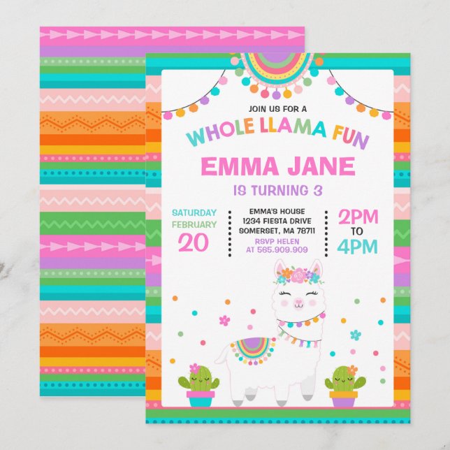 Llama Invitation Anniversaire Toute la Llama Fun P (Devant / Derrière)