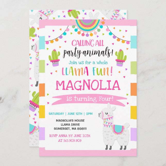 Llama Invitation Anniversaire Toute la Llama Fun P (Devant / Derrière)