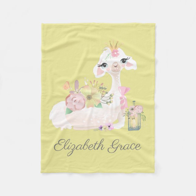 Llama jaune et blanc avec fleurs Couverture bébé (Devant)