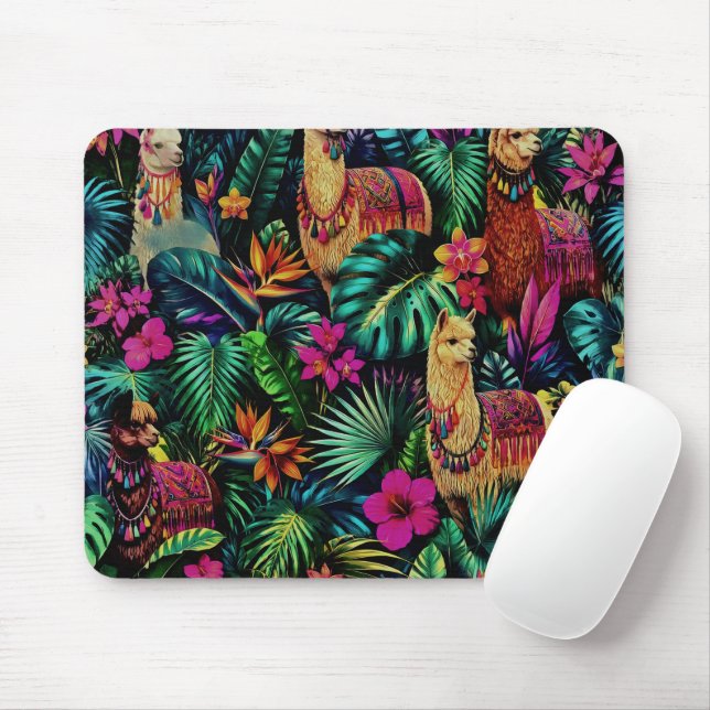 Llama Jungle Dreams Seamless Surface Pattern Mouse Pad (With Mouse)
