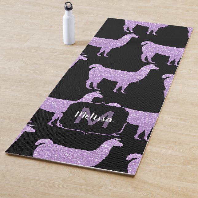 Llama Light Purple Sparkles pattern Monogram black Yoga Mat (In Situ)