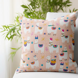 Llama Llama Cute Llama Pattern on Pink Throw Pillow
