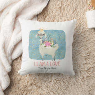 Llama Love Crown Watercolor Cute Kawaii Adorable Throw Pillow