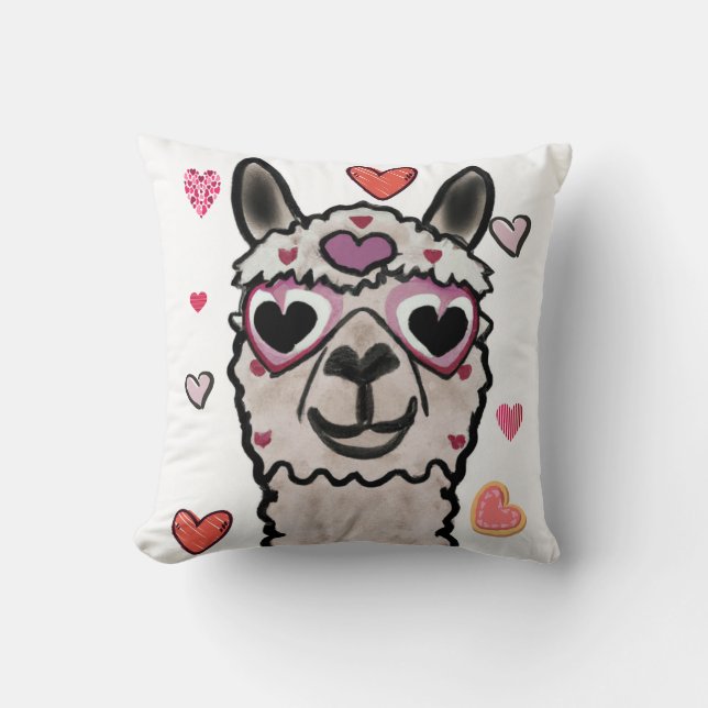 Llama Love Hearts Valentine's Throw Pillow (Front)