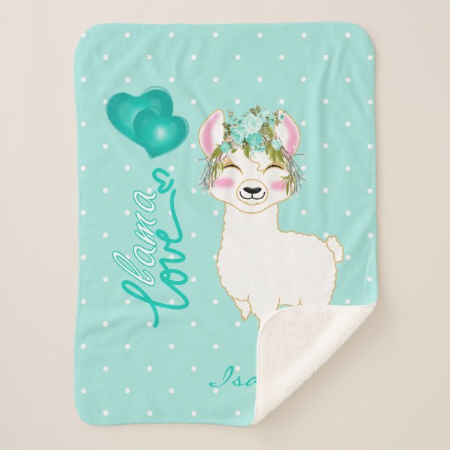 Llama Love in Teal Floral Design Sherpa Blanket (Front)