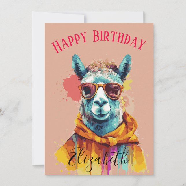 LLama Love & Laughter Happy Birthday Name Holiday Card (Front)