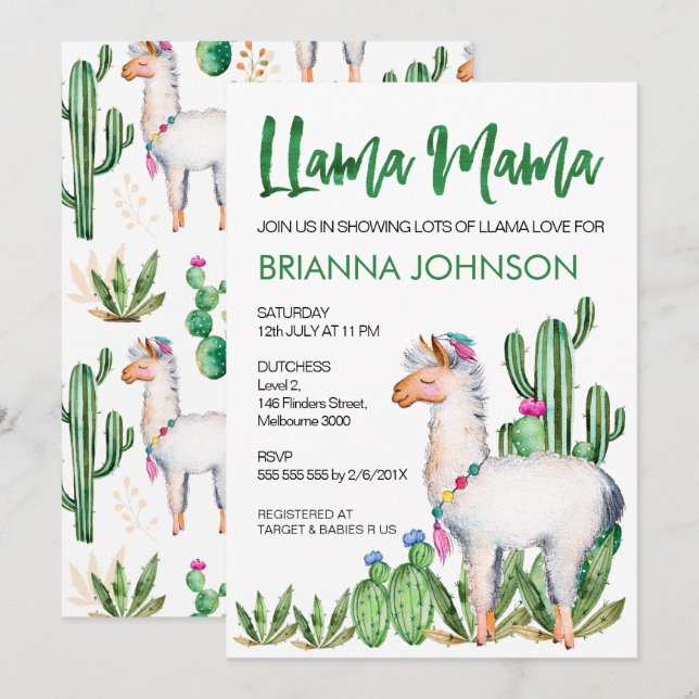 LLama Love Watercolor Baby Shower Invitation (Front/Back)