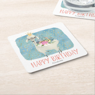 Llama Love Watercolor Cute Fun Birthday Party Square Paper Coaster