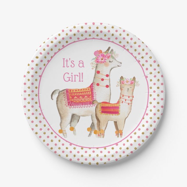 Llama Mama Baby Girl Baby Shower Paper Plate (Front)