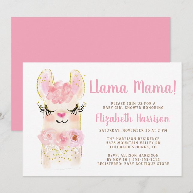 Llama Mama Baby shower rose Invitation (Devant / Derrière)