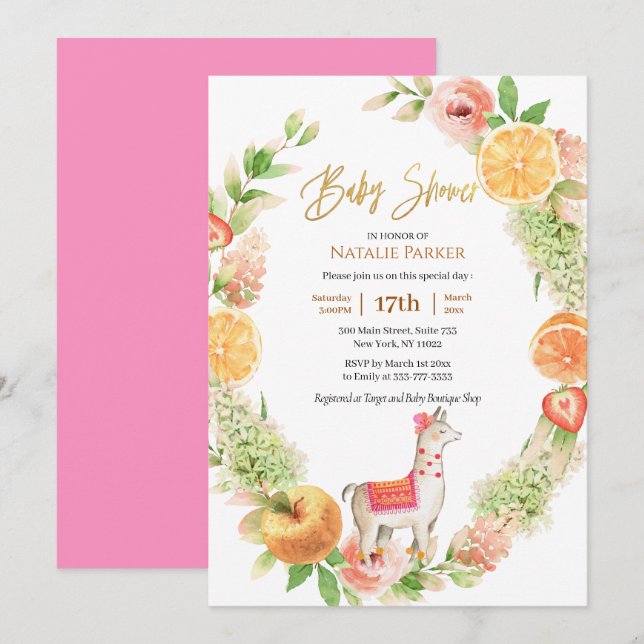 Llama Mama Citrus Floral Greenery Baby Shower  Invitation (Front/Back)