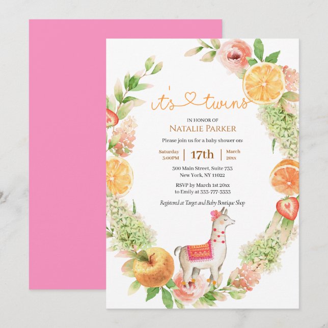 Llama Mama Citrus Greenery Twin Girls Baby Shower Invitation (Front/Back)