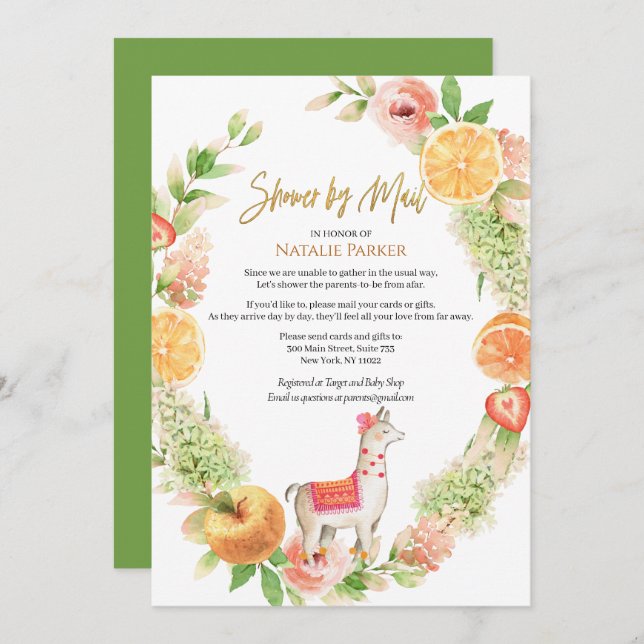Llama Mama Floral Greenery Baby Shower by Mail Invitation (Front/Back)