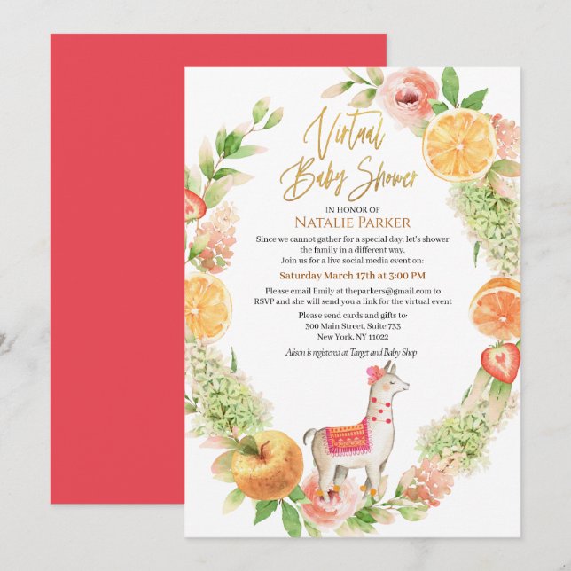 Llama Mama Floral Greenery Virtual Baby Shower Invitation (Front/Back)