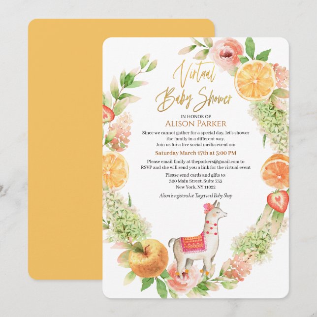 Llama Mama Floral Greenery Virtual Baby Shower Invitation (Front/Back)