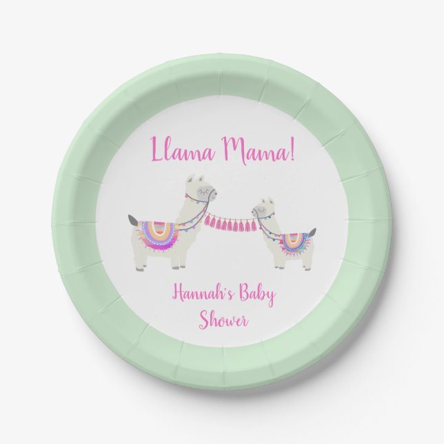 Llama Mama Hot Pink Mint Green Cute Baby Shower Paper Plate (Front)