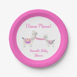 Llama Mama Hot Pink White Cute Baby Shower Paper Plate