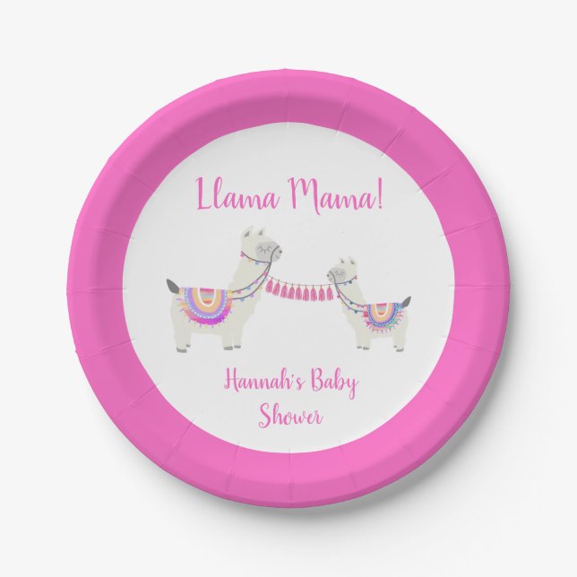 Llama Mama Hot Pink White Cute Baby Shower Paper Plate (Front)