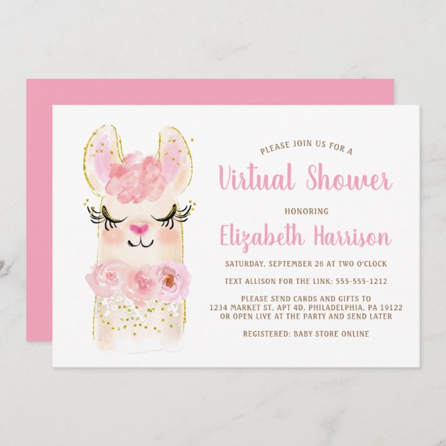 Llama Mama Pink Baby Virtual Shower Invitation (Front/Back)