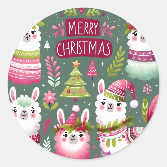 Llama Merry Christmas Classic Round Sticker (Front)