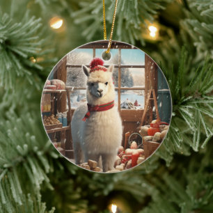 Llama Merry Christmas Ornament, Pet Lover Gift Ceramic Ornament