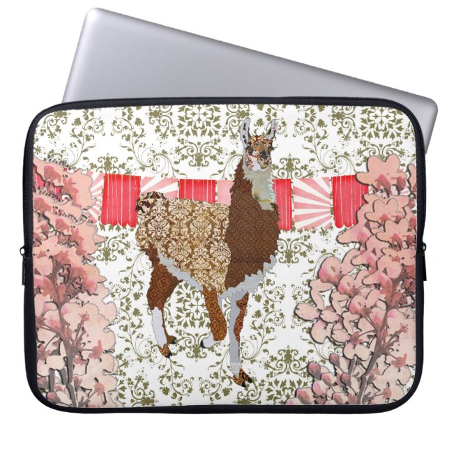 Llama Olive Damask Cherry Blossom Computer Sleeve (Front)